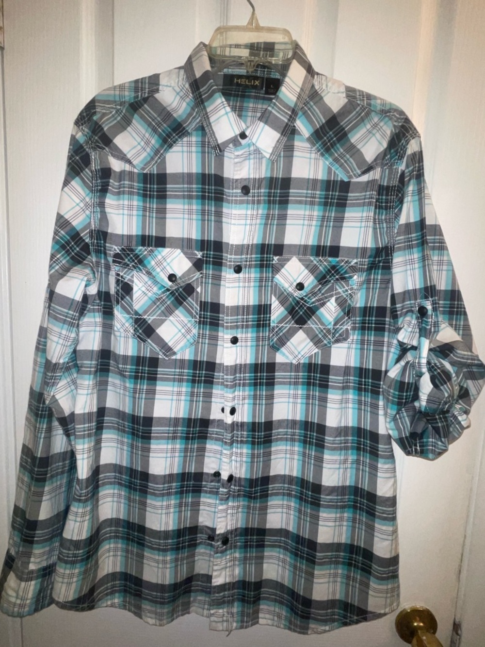 Helix Men’s Teal, White & Black Plaid Casual Button-Down Shirt